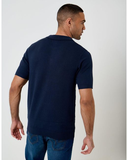 Threadbare Blue Textured Knit Quarter Zip Polo for men