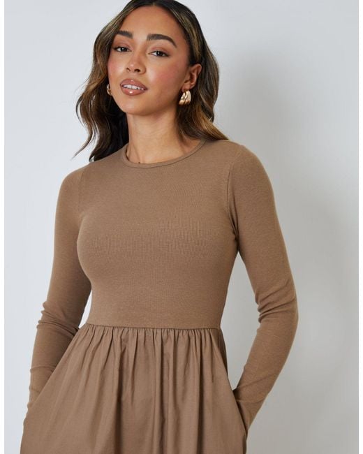 Threadbare Brown Rib Jersey 2-In-1 Midi Dress With Poplin Skirt