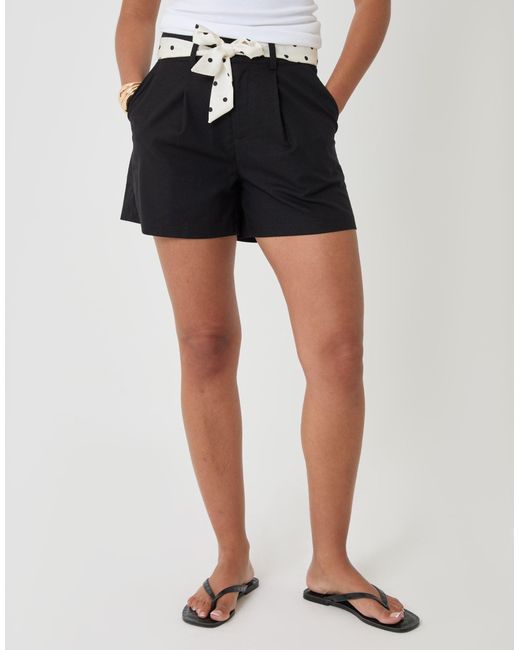 Threadbare Black Petite Tailored Shorts With Polka Dot Satin Scarf Belt