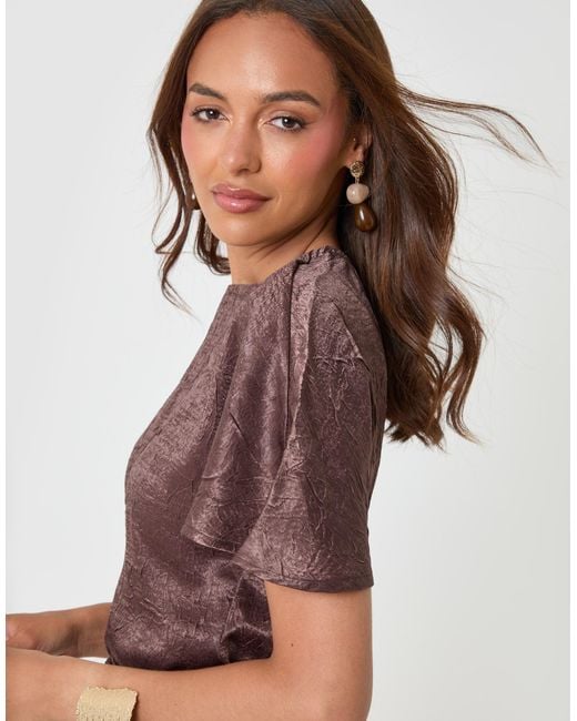 Threadbare Brown Crinkle Satin Batwing Top