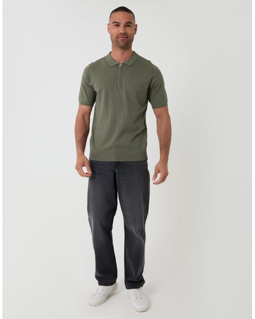 Threadbare Green Quarter Zip Knitted Polo for men