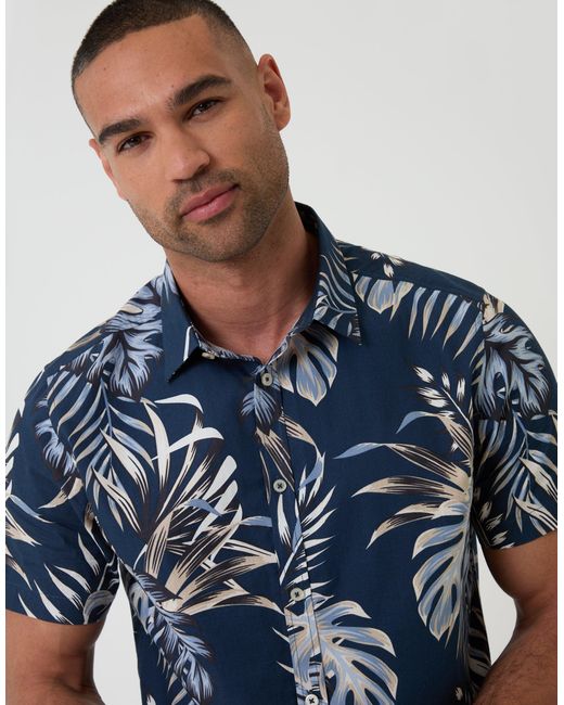 Threadbare Blue Leaf Print Cotton Poplin Short Sleeve Shirt for men