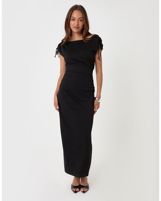 Threadbare Blue Ruched Shoulder Tie Midi Dress