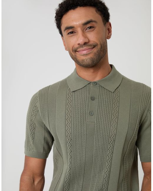 Threadbare Green Textured Stripe Knitted Polo for men