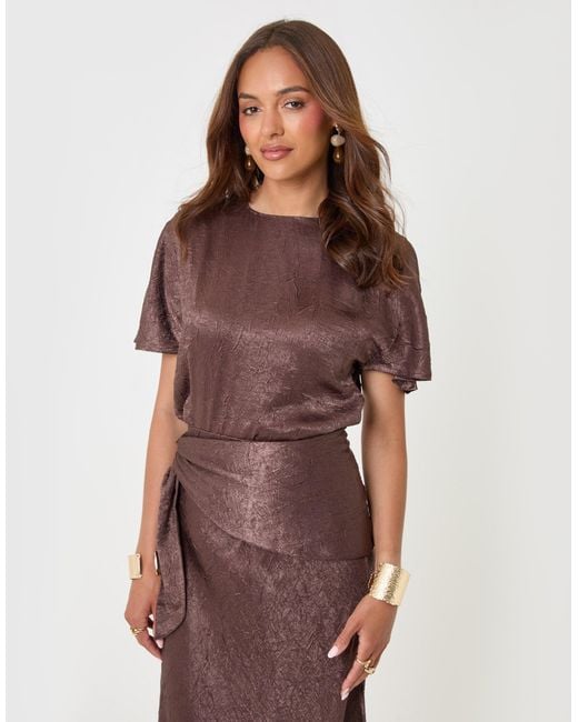 Threadbare Brown Crinkle Satin Batwing Top