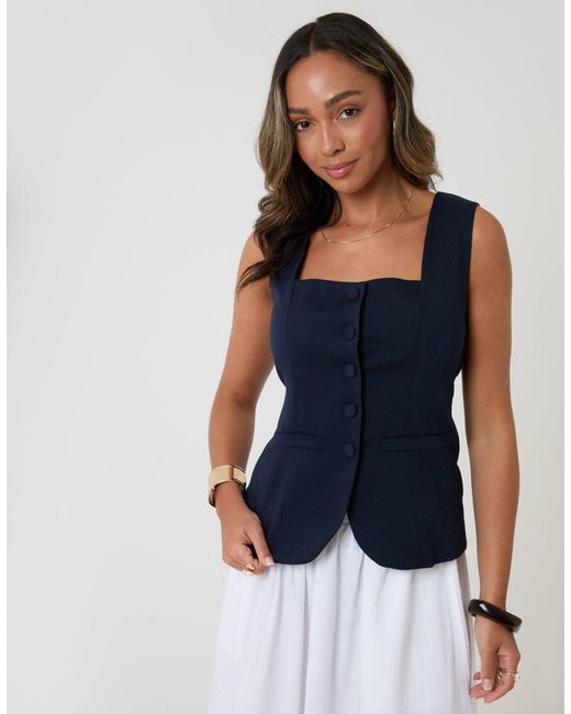 Threadbare Blue Square Neck Tailored Waistcoat