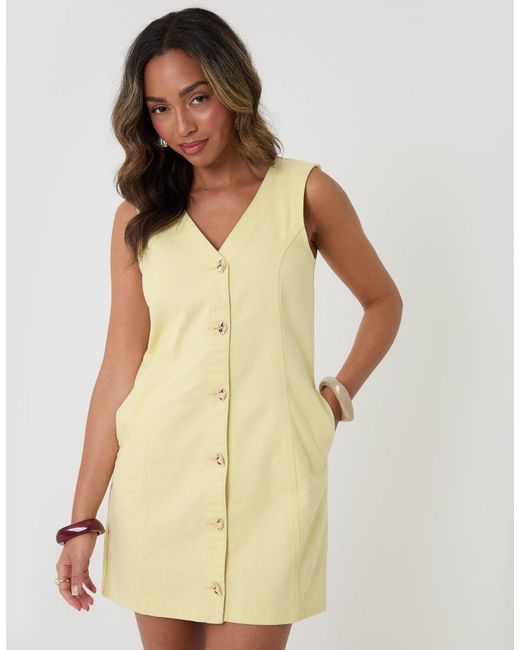 Threadbare Natural Denim V-Neck Mini Pinafore Dress