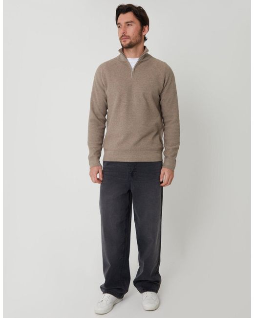 Threadbare Gray Waffle Knit Raglan Quarter Zip Jumper for men