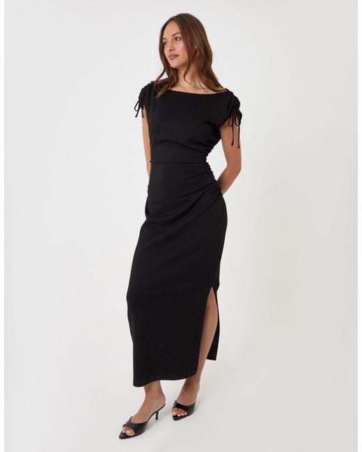 Threadbare Blue Ruched Shoulder Tie Midi Dress