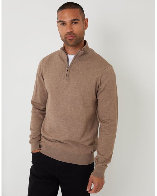 Threadbare Brown Funnel Neck Quarter Zip Knitted Jumper for men