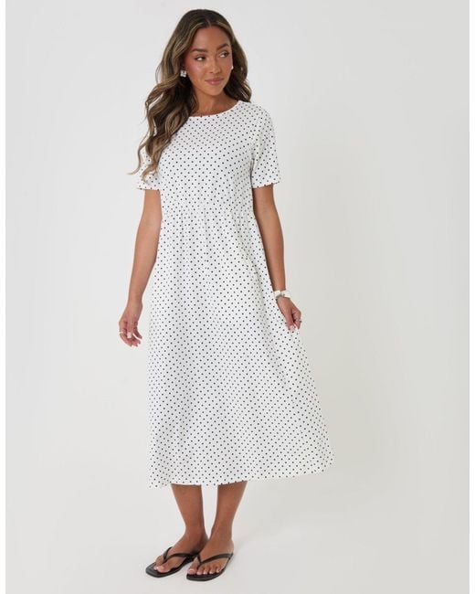 Threadbare White Pure Cotton Midi Smock Dress With Pockets