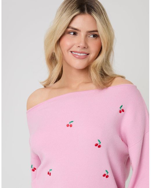 Threadbare Pink Cherry Embroidery Slash Neck Jumper