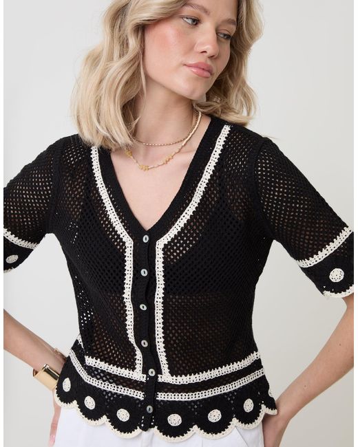 Threadbare Black Crochet Flower Hem Button Up Top