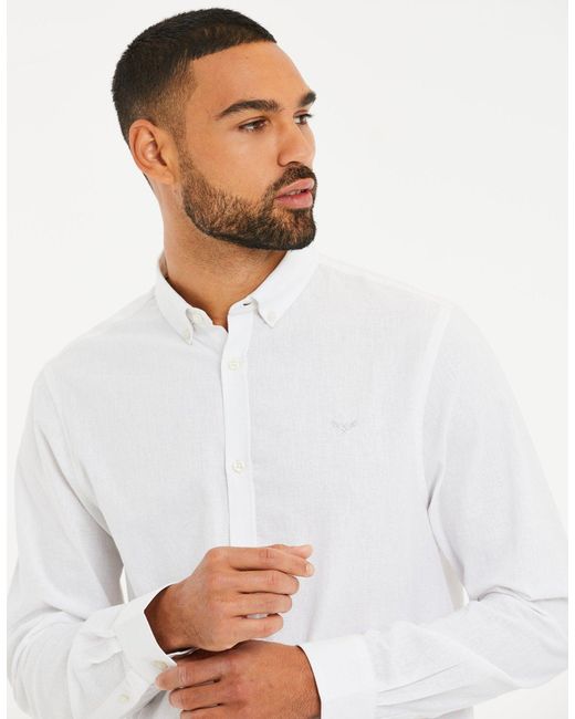 Threadbare White Long Sleeve Linen Blend Shirt for men