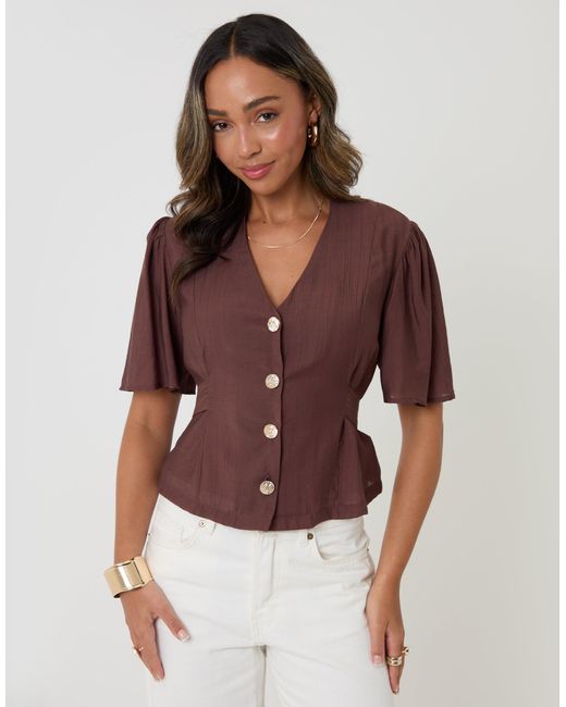 Threadbare Brown Flutter Sleeve Tie-Back Top
