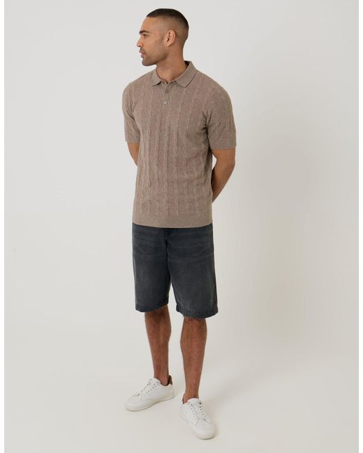 Threadbare Brown Cable Stripe Knitted Button Polo for men