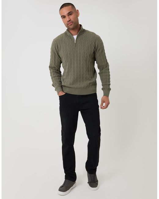 Threadbare Green Cable Knit Quarter Zip Jumper for men