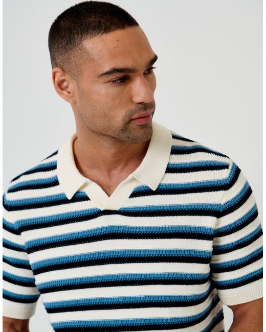 Threadbare Blue Textured Knitted Trophy Neck Polo for men