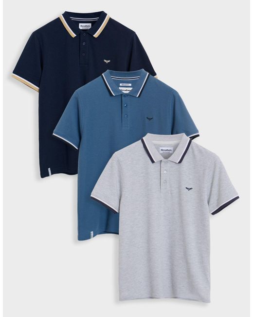 Threadbare Blue 3 Pack Herringbone Tipping Detail Pique Polo Shirts for men