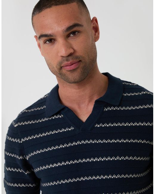 Threadbare Blue Textured Knitted Trophy Neck Polo for men
