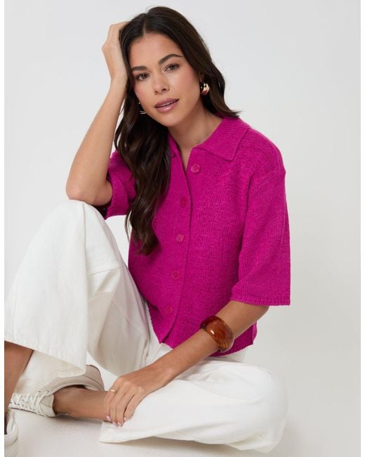 Threadbare Pink Knitted Button Up Polo Shirt
