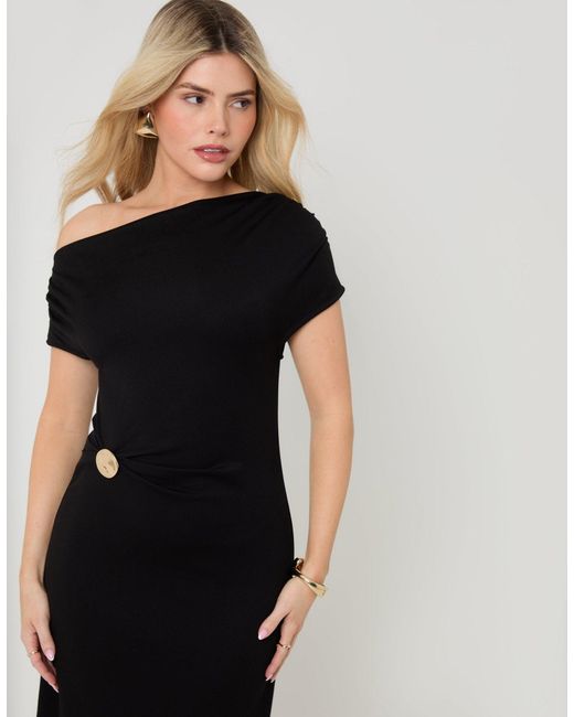 Threadbare Black Petite Off Shoulder Draped Jersey Maxi Dress