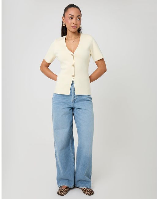 Threadbare Natural V-Neck Compact Knitted Top