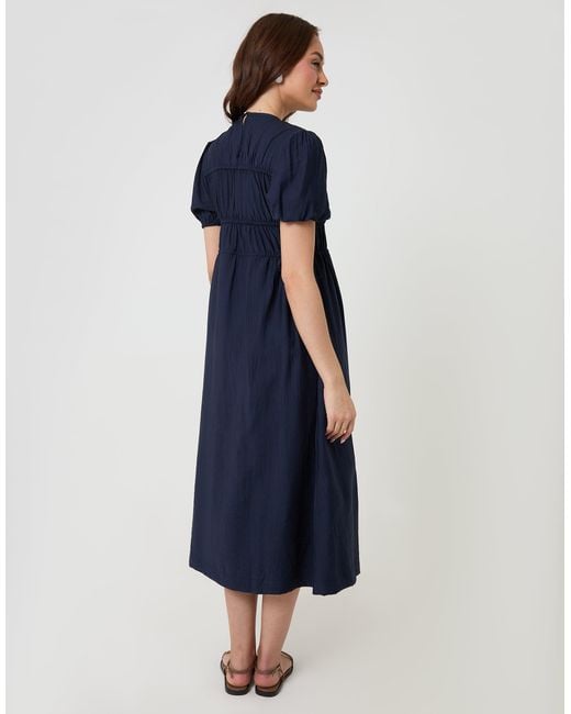 Threadbare Blue Ruched Drawstring Puff Sleeve Midi Dress