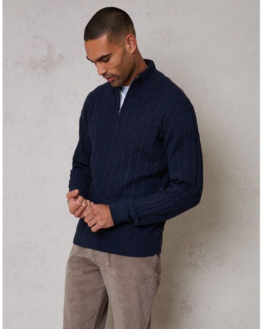 Threadbare Blue Cable Knit Quarter Zip Jumper for men
