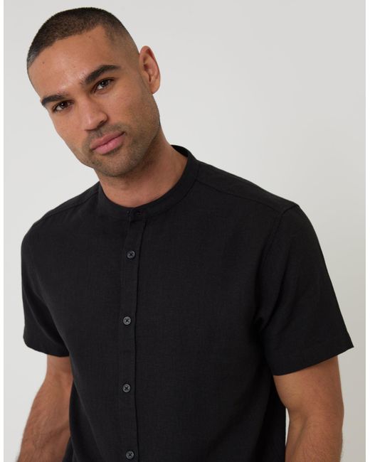 Threadbare Black Grandad Collar Linen Blend Short Sleeve Shirt for men