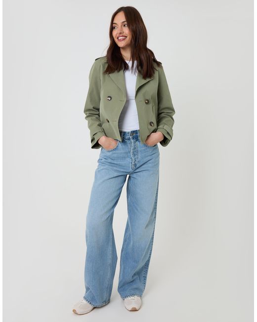 Threadbare Green Double Breasted Cropped Trench Coat