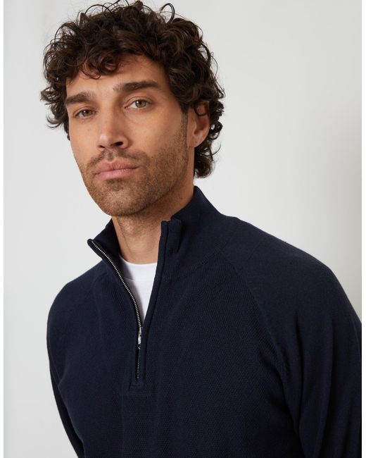 Threadbare Blue Mock Tee Textured Knit Quarter Zip Jumper for men