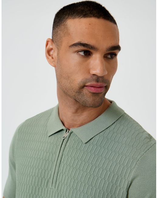 Threadbare Green Textured Knit Quarter Zip Polo for men