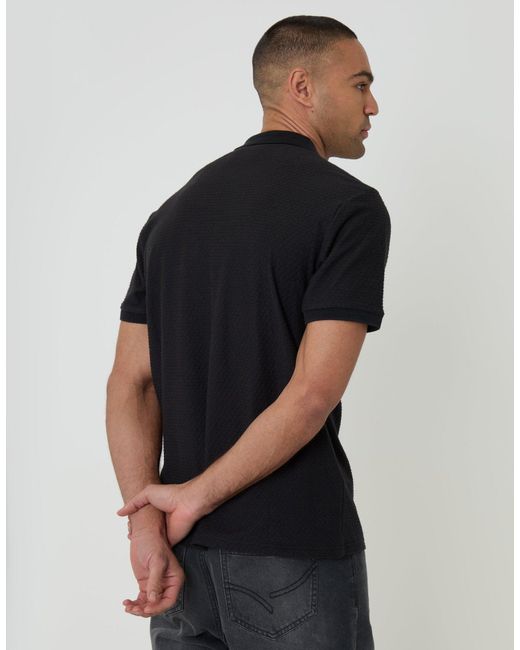 Threadbare Black Textured Quarter Zip Polo Shirt for men