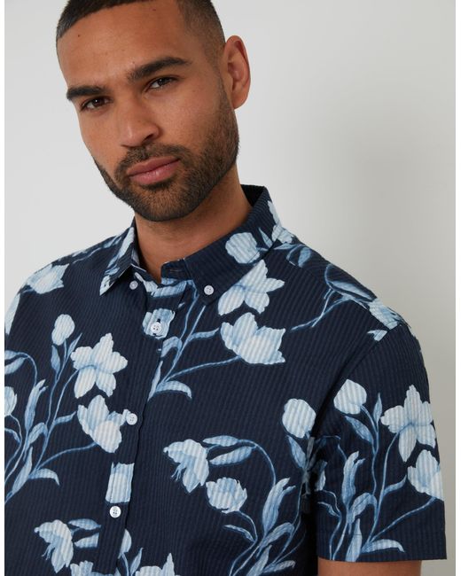Threadbare Blue Floral Print Button Down Collar Short Sleeve Shirt for men