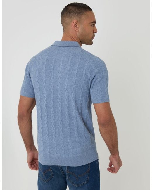 Threadbare Blue Cable Stripe Knitted Button Polo for men