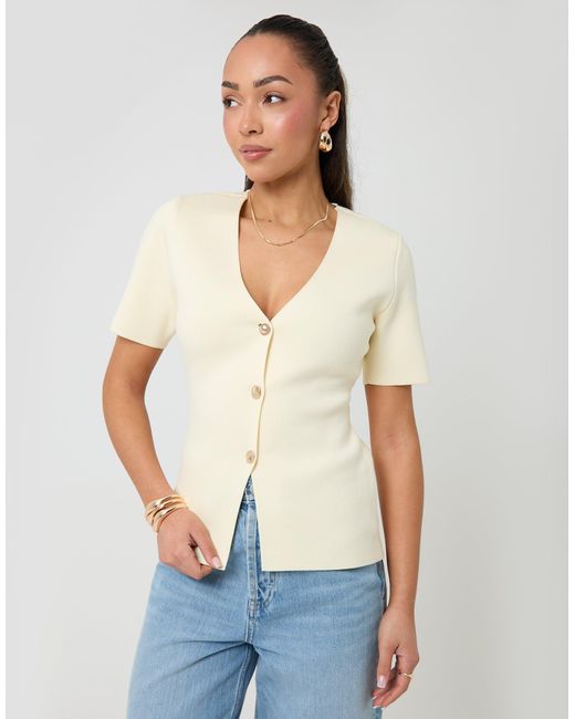 Threadbare Natural V-Neck Compact Knitted Top