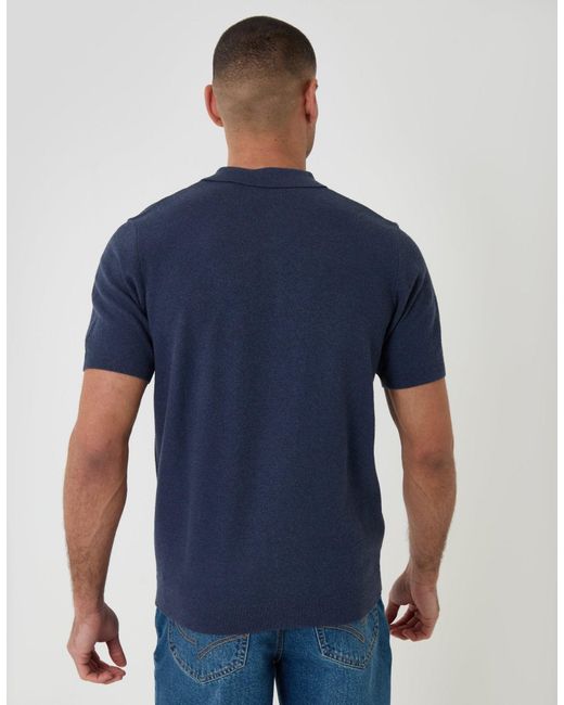 Threadbare Blue Moss Stitch Knitted Polo for men