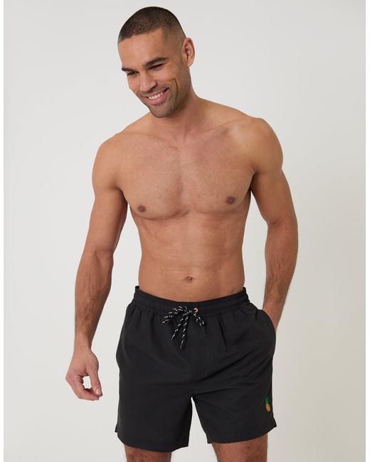 Threadbare Black Pineapple Embroidered Quick Dry Swim Shorts for men