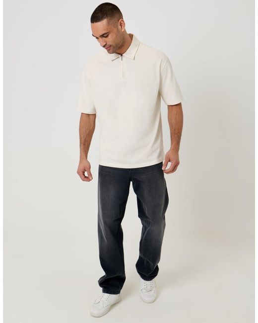 Threadbare White Oversized Quarter Zip Polo Shirt for men