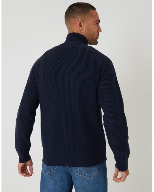 Threadbare Blue Rib Panel Quarter Zip Knitted Jumper for men