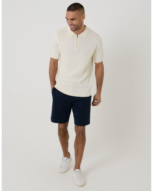 Threadbare White Diamond Cable Knit Quarter Zip Polo for men