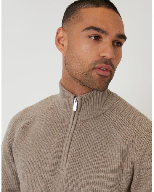 Threadbare Brown Rib Panel Quarter Zip Knitted Jumper for men