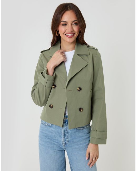 Threadbare Green Double Breasted Cropped Trench Coat