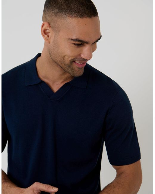 Threadbare Blue Knitted Trophy Neck Polo for men