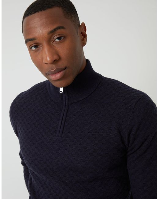 Threadbare Blue Textured Cable Knit Quarter Zip Jumper for men