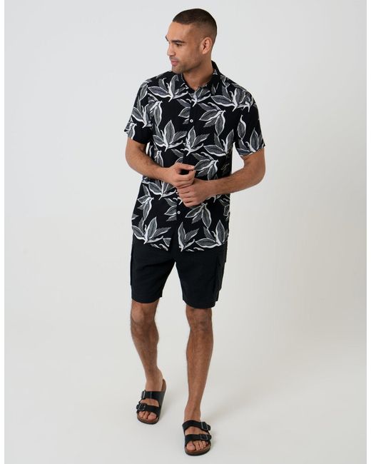 Threadbare Black Leaf Print Short Sleeve Shirt for men