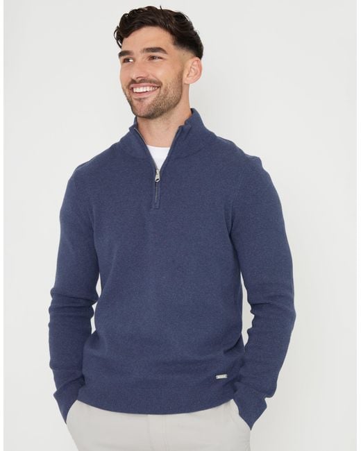 Threadbare Blue Knitted Quarter Zip Jumper for men