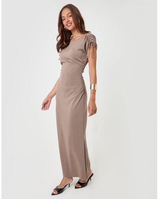 Threadbare Natural Ruched Midi Dress With Shoulder Tie Details