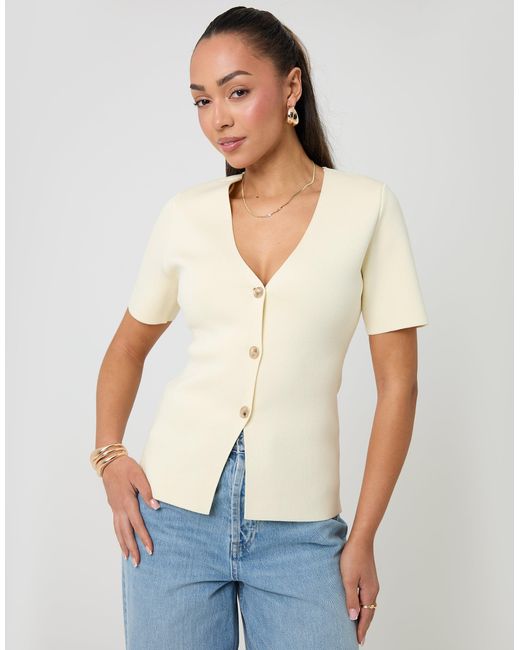 Threadbare Natural V-Neck Compact Knitted Top